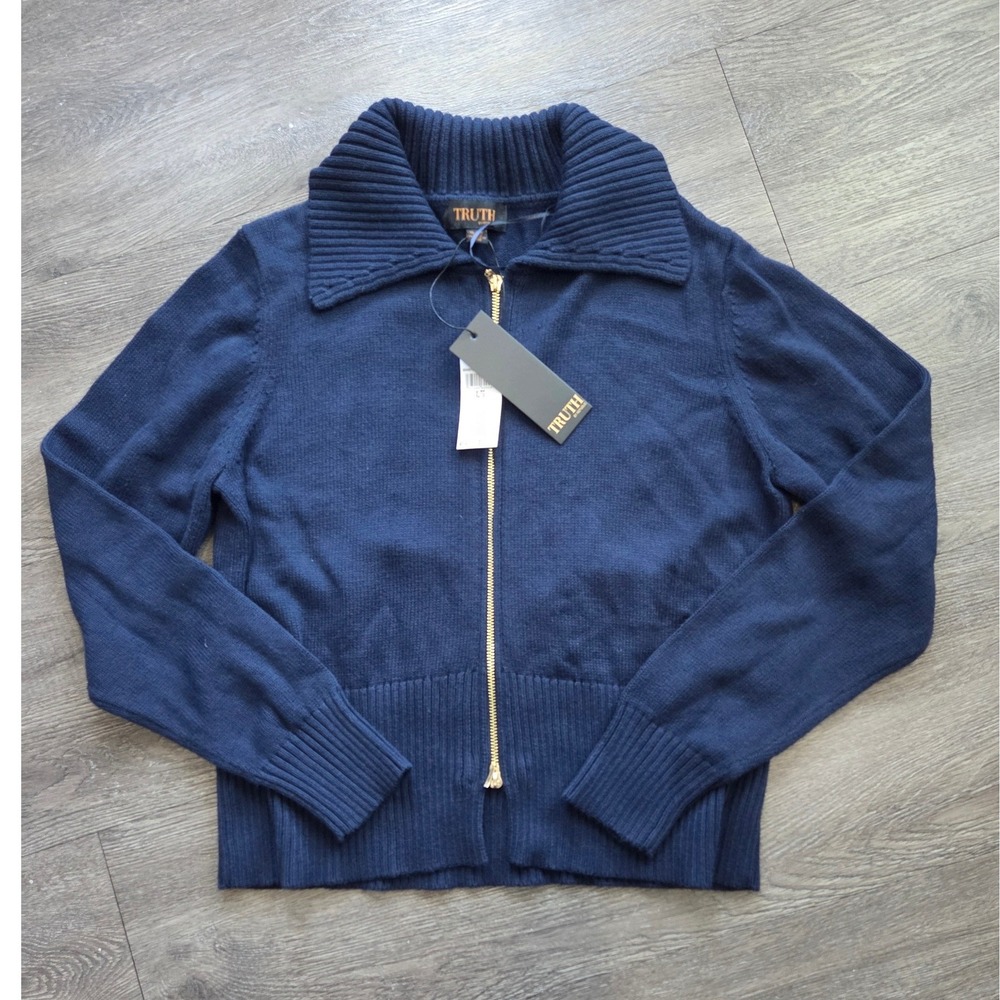 New Truth by Republic Zip Up Cardigan Women XL Navy Blue Ribbed Collar Gold Zip